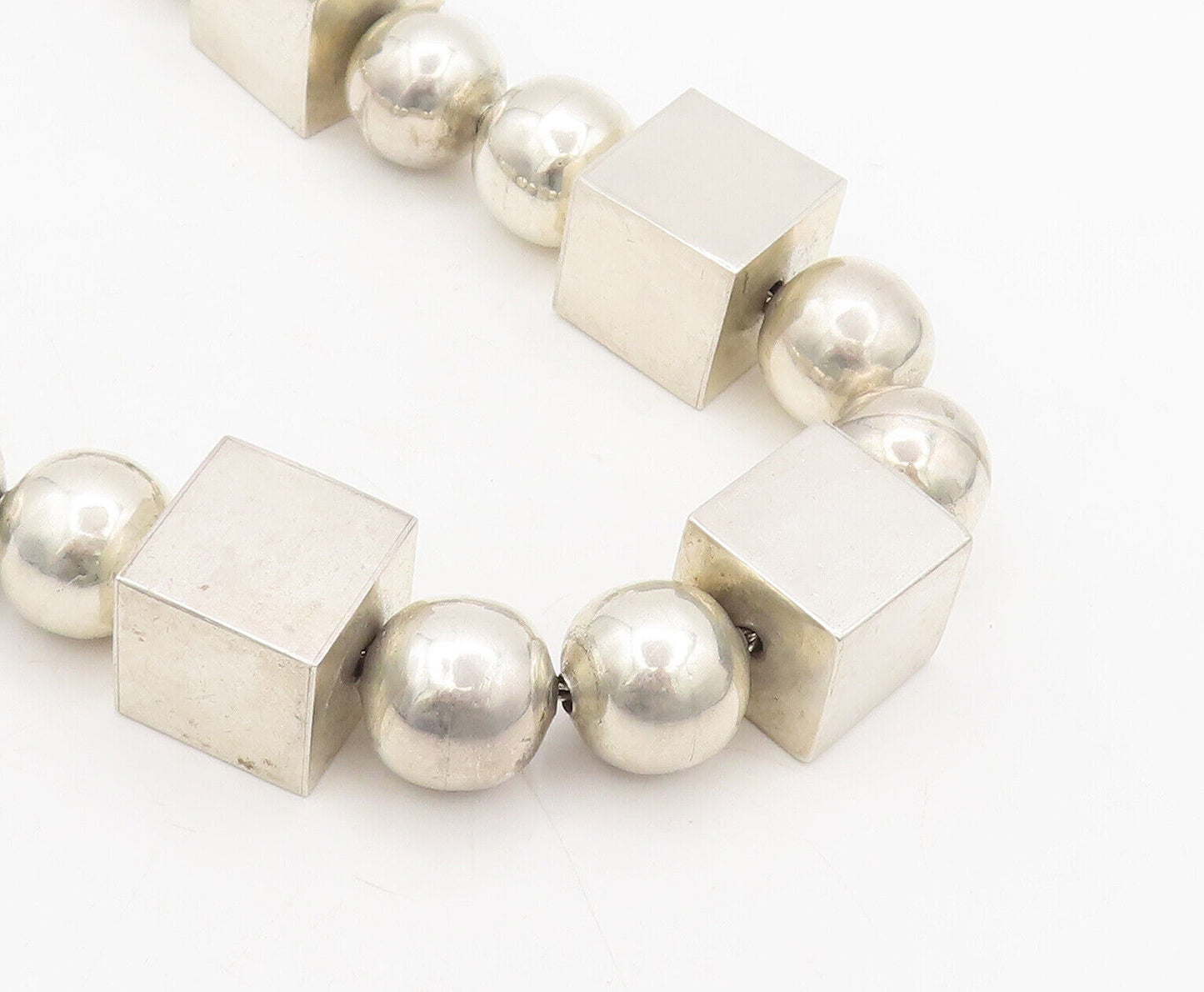 925 Sterling Silver Vintage Necklace MEXICO Brutalist Cuboid Sphere Heavy NE4225