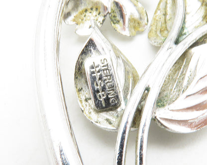 HARRY S. BICK 925 Silver  Vintage Shiny Floral Love Heart Brooch Pin  BP5050