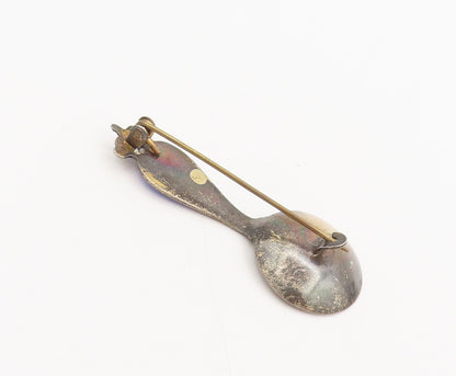 HGLS DENMARK 925 Silver  Vintage Carved Royal Enamel Spoon Brooch Pin  BP10295
