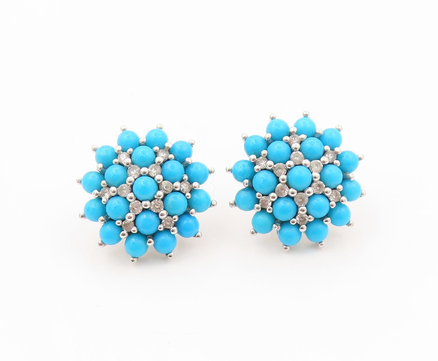 925 Sterling Silver Vintage Earrings Cabochon Larimar & CZ Flower  EG13389