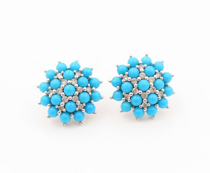 925 Sterling Silver Vintage Earrings Cabochon Larimar & CZ Flower  EG13389