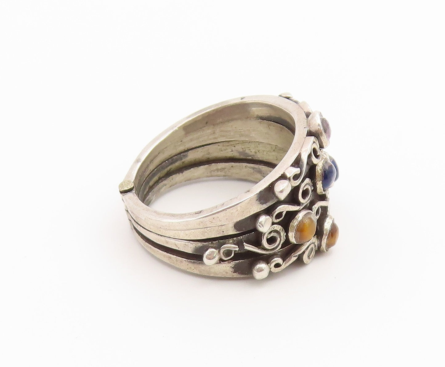 925 Sterling Silver Vintage Ring Multi Gemstone Scrollwork Band  Sz 7.5  RG36817
