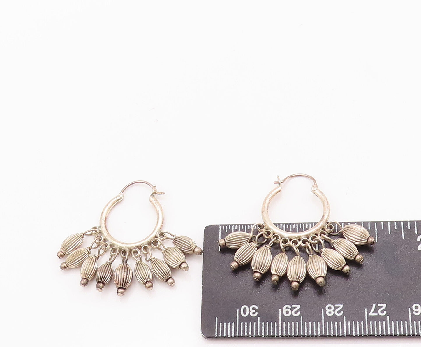 925 Sterling Silver Vintage Earrings Hoops Dangling Grooved Oval Beads  EG12995
