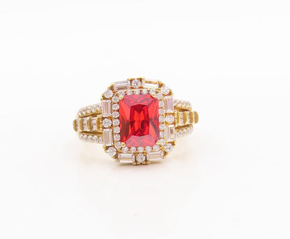 925 Sterling Silver Vintage Ring Gold Plated Red & White CZ  Sz 7  RG29474