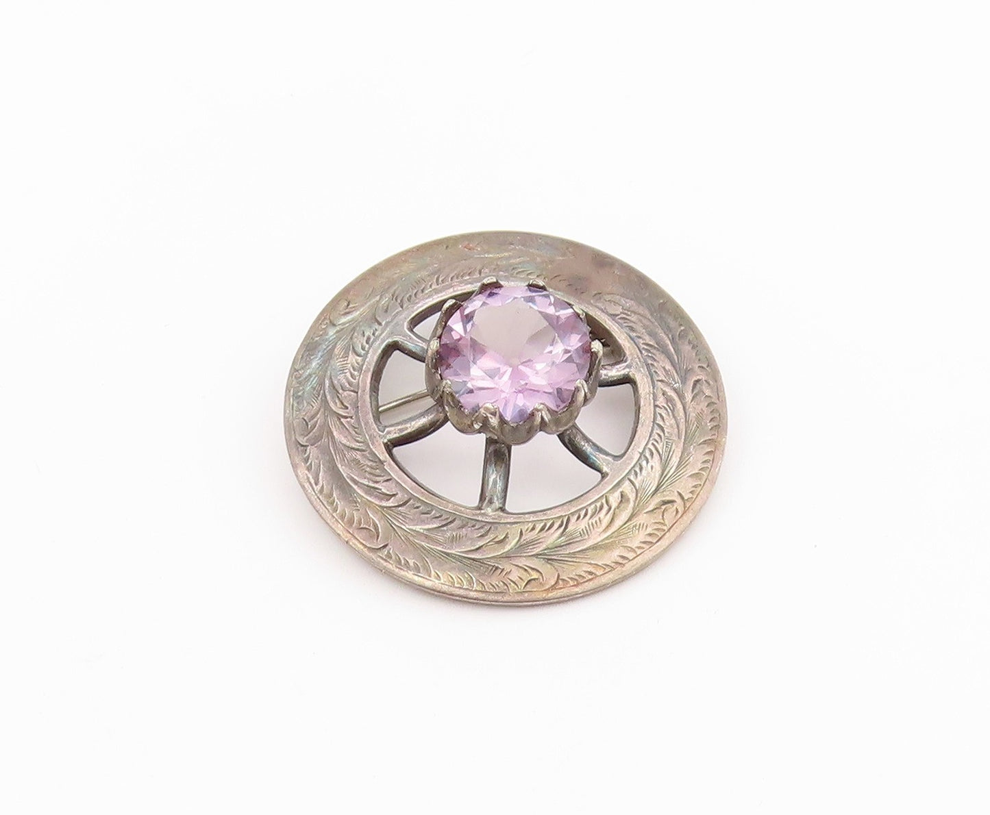 925 Sterling Silver Vintage Brooch Pin Faceted Gemstone Celtic Thistle  BP12565