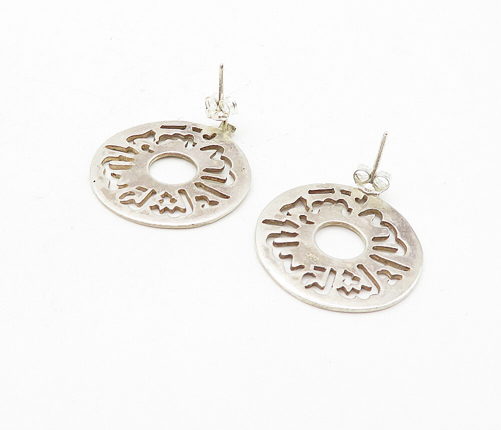 925 Sterling Silver  Vintage Shiny Cutout Detail Round Dangle Earrings  EG3941