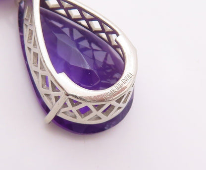 925 Sterling Silver Vintage Earrings Square & Drop Cut Dangling Amethyst EG13157