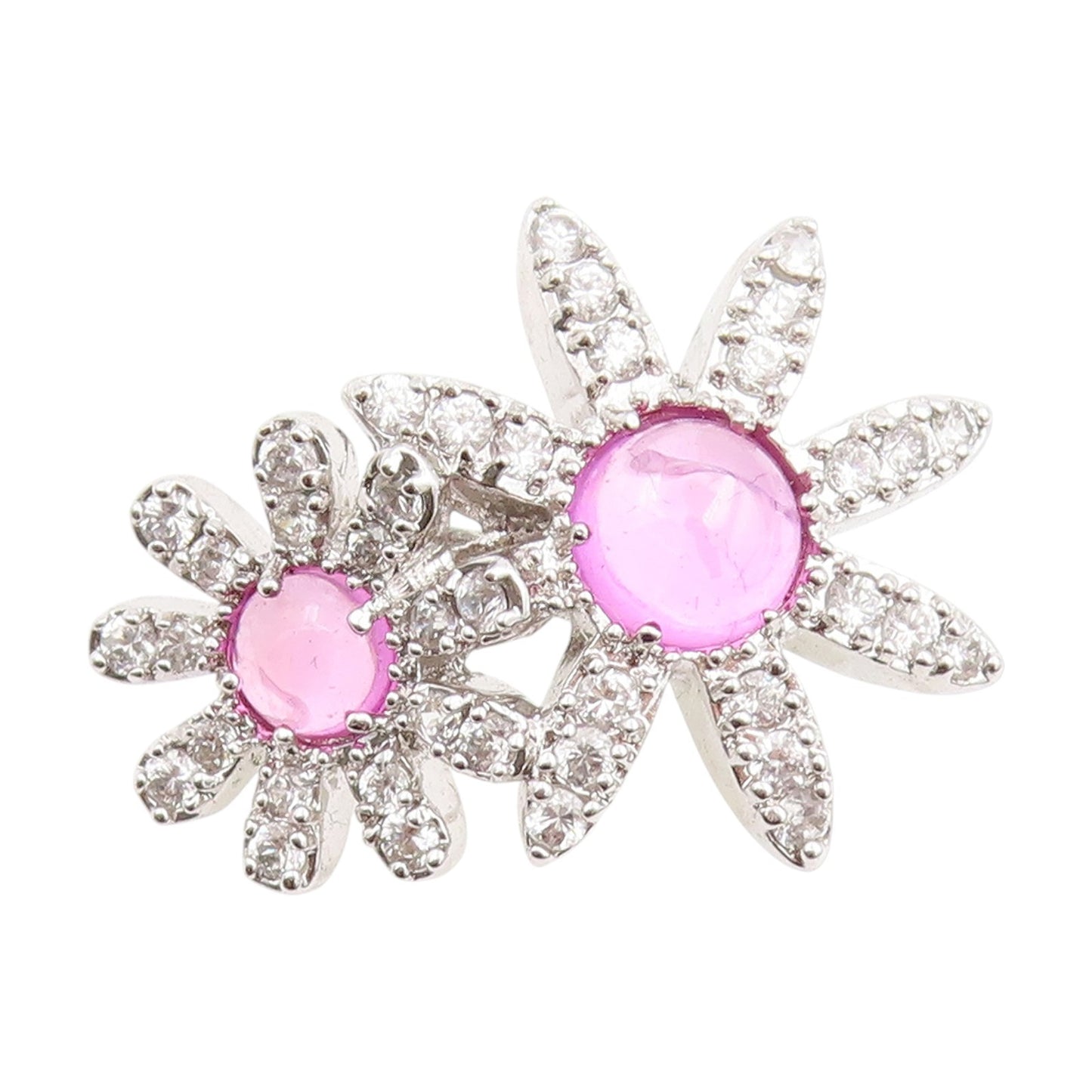 925 Sterling Silver Vintage Ring Pink Gemstone & CZ Floral Petals  Sz 7  RG33924