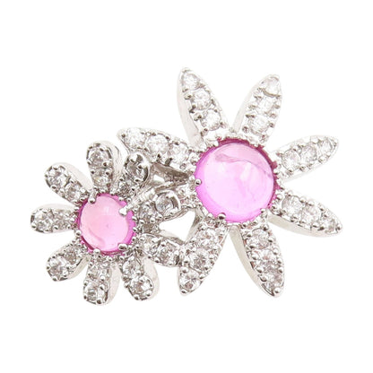 925 Sterling Silver Vintage Ring Pink Gemstone & CZ Floral Petals  Sz 7  RG33924