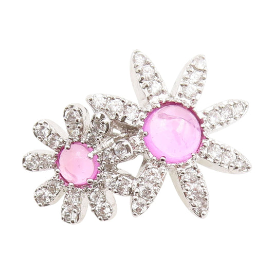 925 Sterling Silver Vintage Ring Pink Gemstone & CZ Floral Petals  Sz 7  RG33924