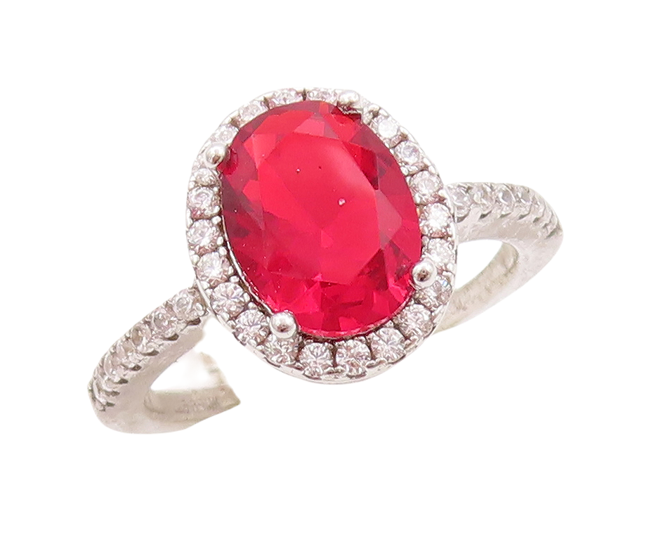 925 Sterling Silver Vintage Ring Oval Cut Red Halo White CZ  Sz 6  RG29759