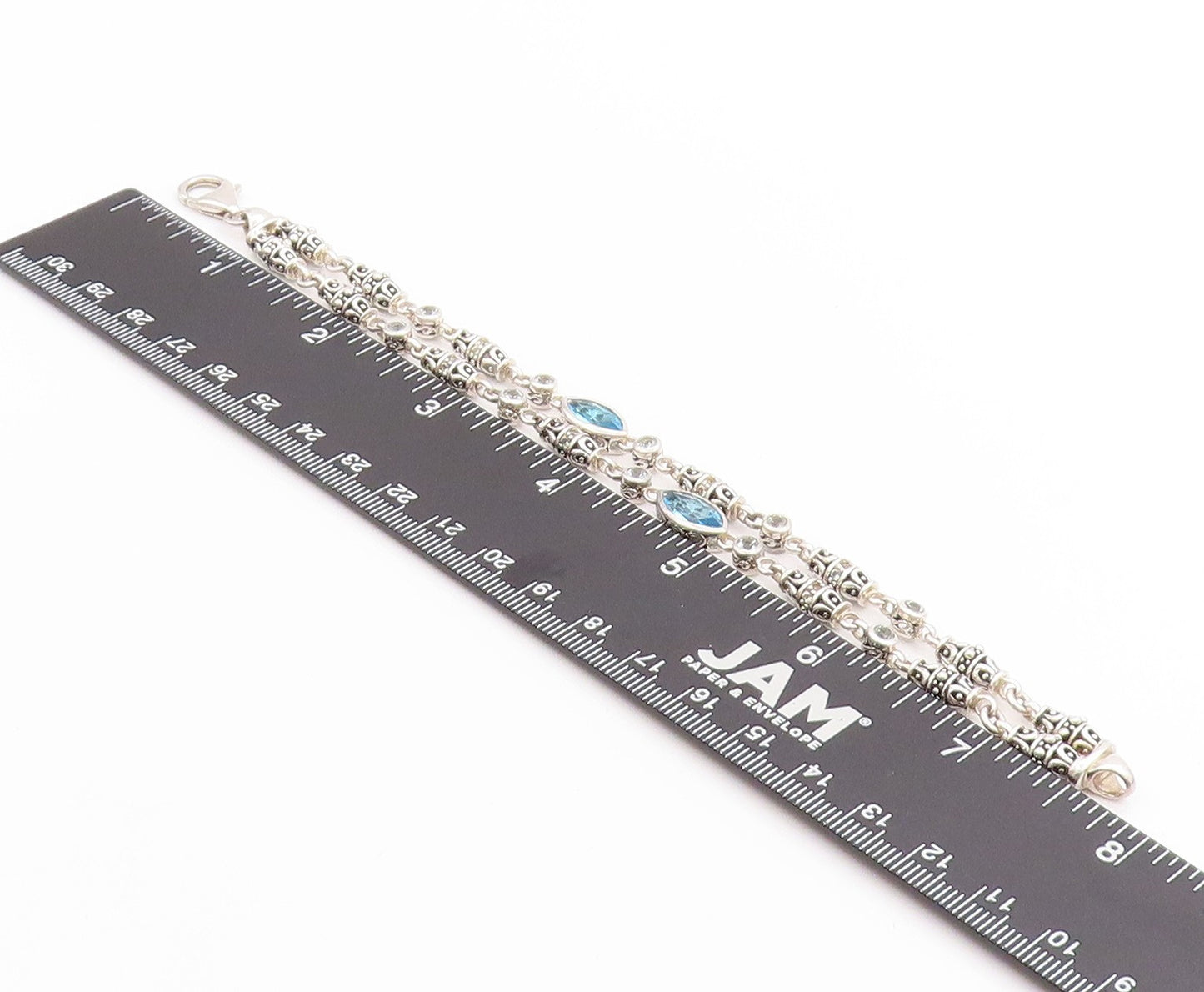 925 Sterling Silver Vintage Bracelet Marquise Blue Topaz Etched Barrels  BT11391