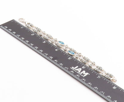 925 Sterling Silver Vintage Bracelet Marquise Blue Topaz Etched Barrels  BT11391