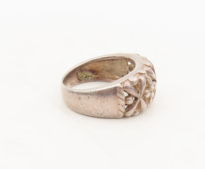 925 Silver Vintage Ring Minimalist Carved Cutout Cross & Beaded Sz 7  RG27564