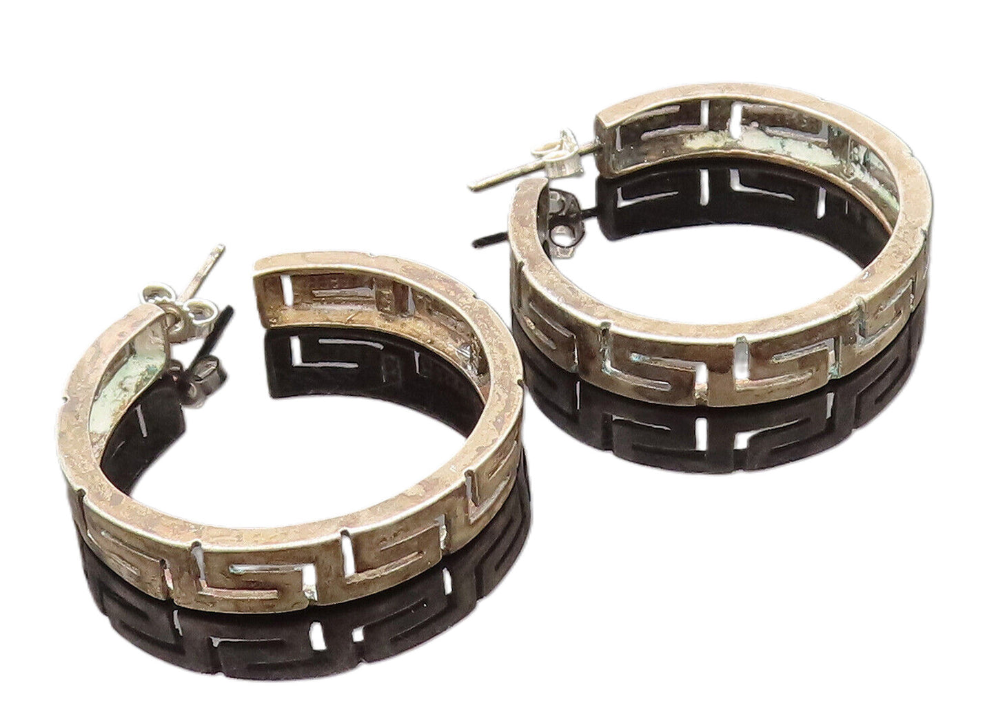 925 Sterling Silver  Vintage Carved Greek Key Maze Hoop Earrings  EG12314