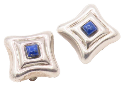 925 Sterling Silver Earrings MEXICO Brutalist Square Carved Lapis Lazuli EG12839