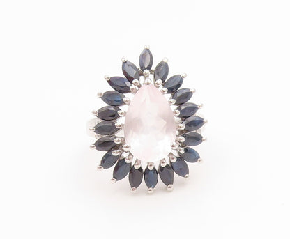 925 Sterling Silver Vintage Ring Elegant Rose Quartz & Sapphire  Sz 8.5  RG36147