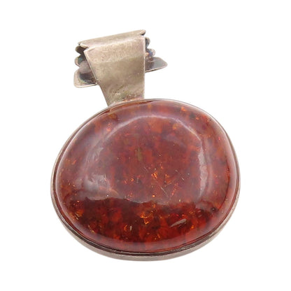 925 Sterling Silver Vintage Pendant Large Round Honey Amber  PT24162