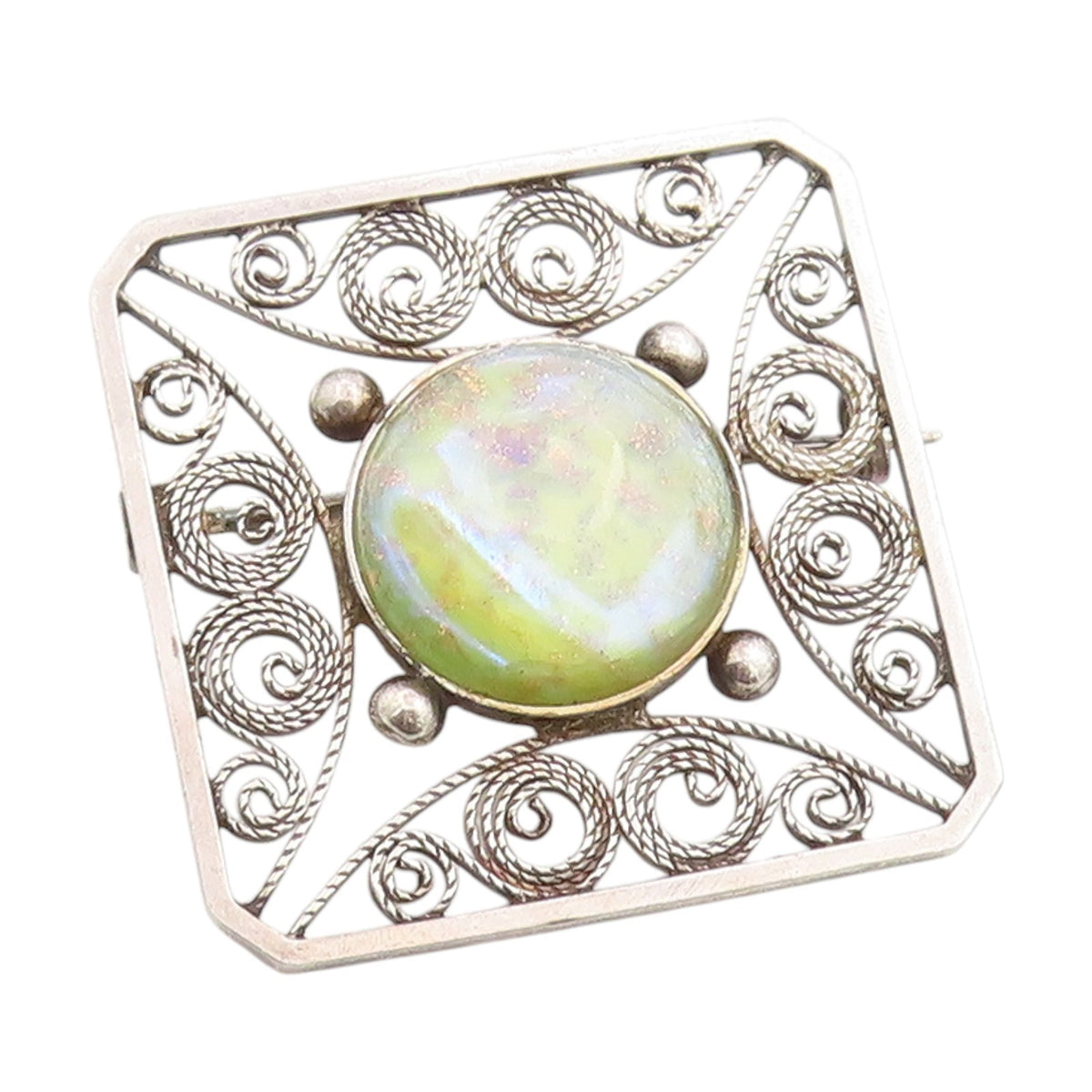 925 Sterling Silver Vintage Brooch Round Cabochon Gemstone Filigree Pin  BP11997