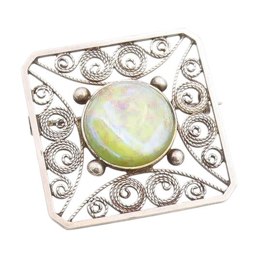 925 Sterling Silver Vintage Brooch Round Cabochon Gemstone Filigree Pin  BP11997