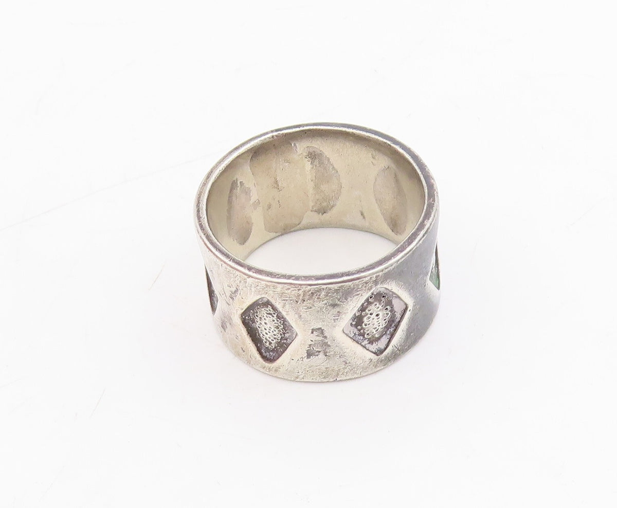 925 Sterling Silver Vintage Ring Dark Tone Diamond Cut Design  Sz 9.5  RG31748