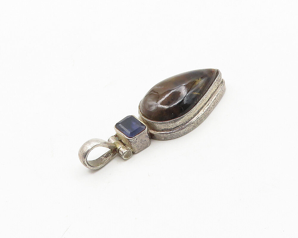 925 Sterling Silver  Vintage Tear Drop Agate & Tanzanite Pendant  PT14682