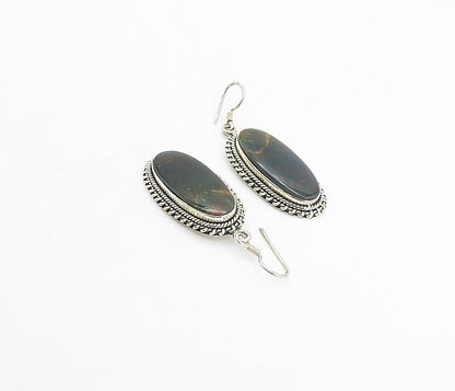 925 Sterling Silver Vintage Bloodstone Jasper Twist Dangle Earrings EG3750