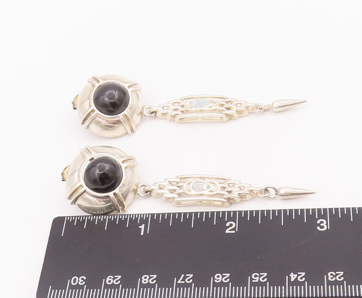 925 Sterling Silver Vintage Earrings Domed Cabochon Onyx & Topaz Dangle  EG12918