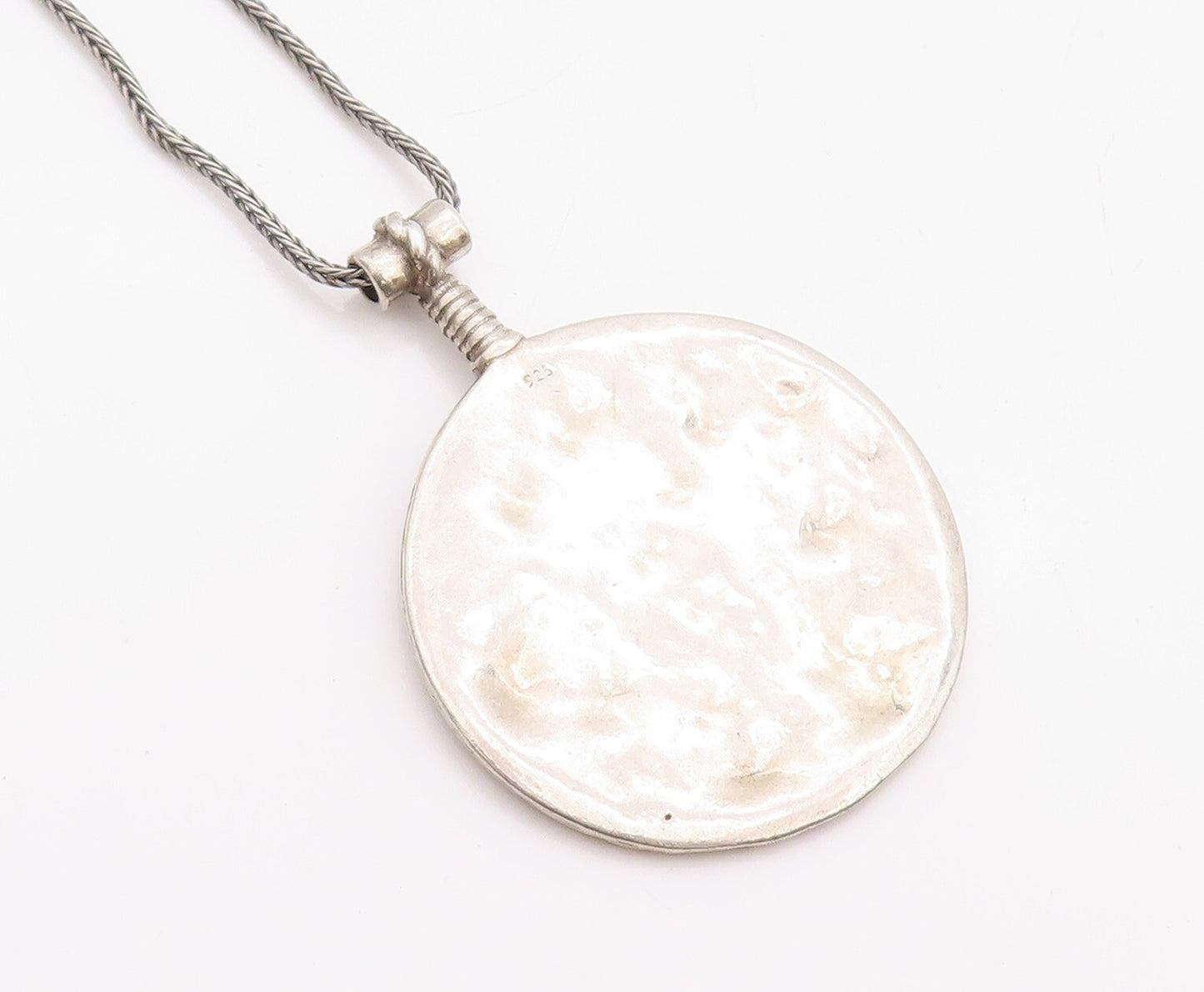 925 Sterling Silver Vintage Necklace SHABLOOL ISRAEL Carved Round Pendent NE4318