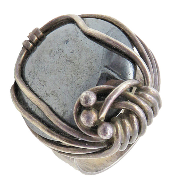 DESIGNER 925 Silver  Vintage Hematite Wire Wrap Cocktail Ring Sz 7.5  RG9896