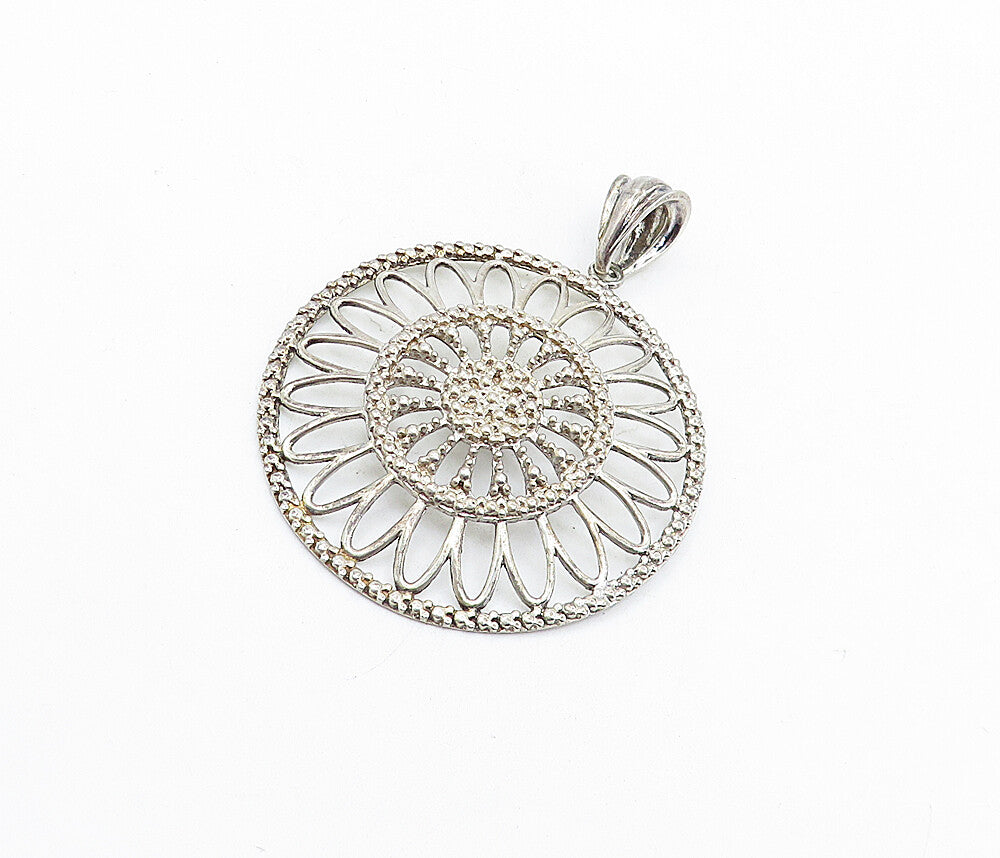 925 Sterling Silver  Vintage Shiny Open Flower Design Round Pendant  PT4522