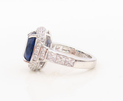 925 Sterling Silver Vintage Ring Oval Cut Sapphire Halo CZ Inlay  Sz 7 RG30507