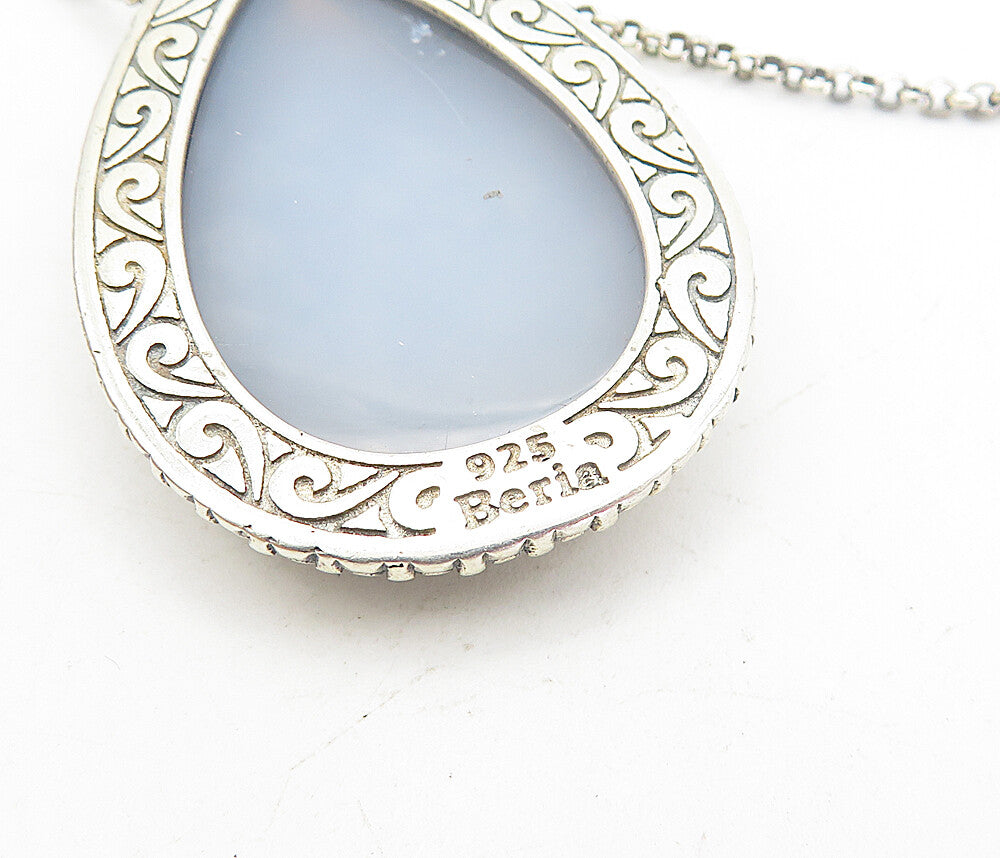 BERIA 925 Silver  Vintage Pear Shape Blue Druzy Stone Chain Necklace  NE1384