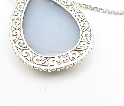 BERIA 925 Silver  Vintage Pear Shape Blue Druzy Stone Chain Necklace  NE1384