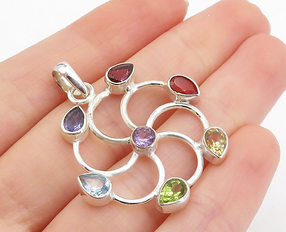 925 Sterling Silver  Topaz Tanzanite Peridot & Amethyst Wheel Pendant  PT5584