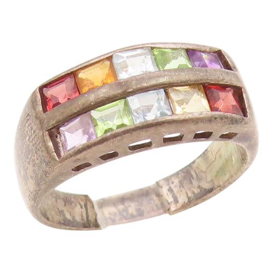 925 Sterling Silver Vintage Ring Multi Gemstone Geometric Band  Sz 8  RG35347