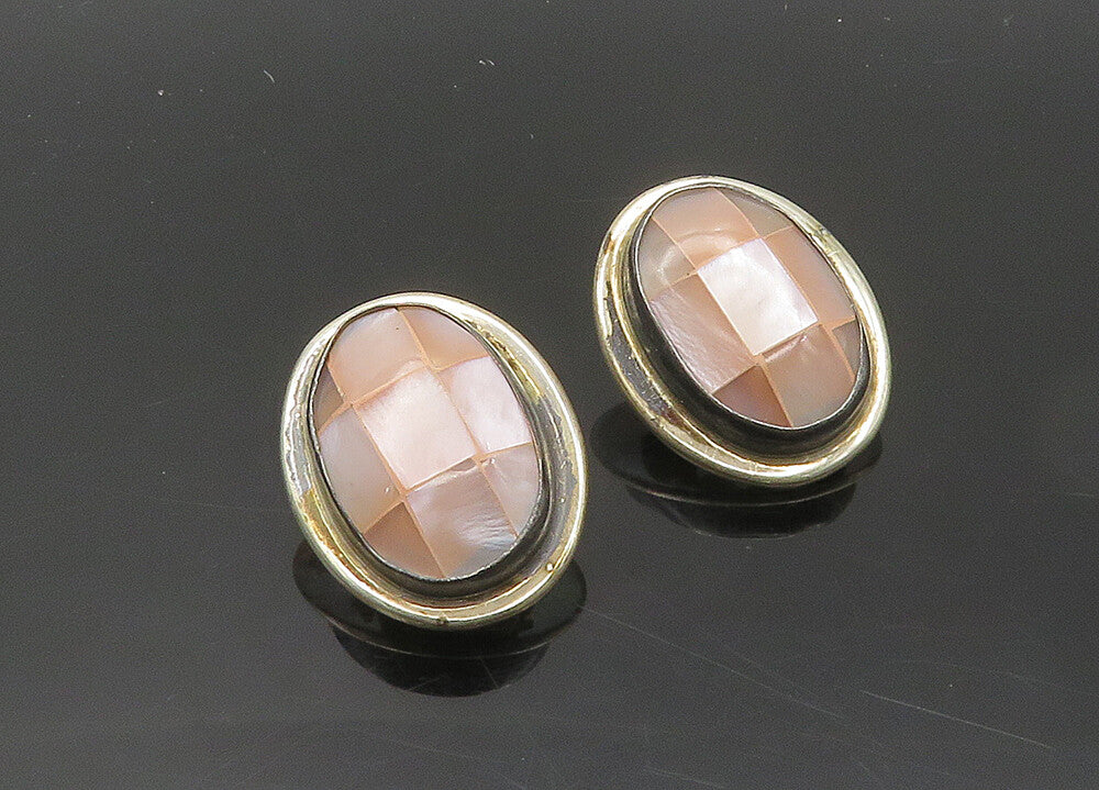 MEXICO 925 Silver  Vintage Pink Mother Of Pearl Non Pierce Earrings  EG9820