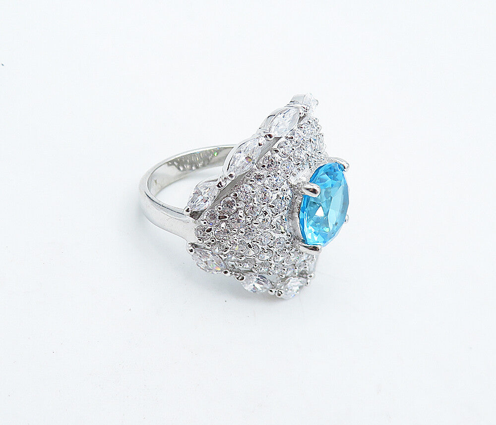 925 Sterling Silver  Blue Topaz & Cubic Zirconia Cocktail Ring Sz 8  RG4957