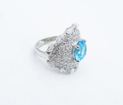 925 Sterling Silver  Blue Topaz & Cubic Zirconia Cocktail Ring Sz 8  RG4957