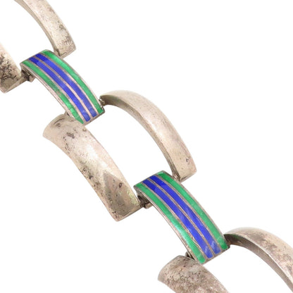 925 Sterling Silver Vintage Bracelet EUROPE Enamel Striped Panel Link  BT11522