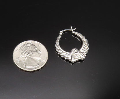 925 Silver  Vintage Polished Scalloped Angel Wings Hoop Earrings  EG12039