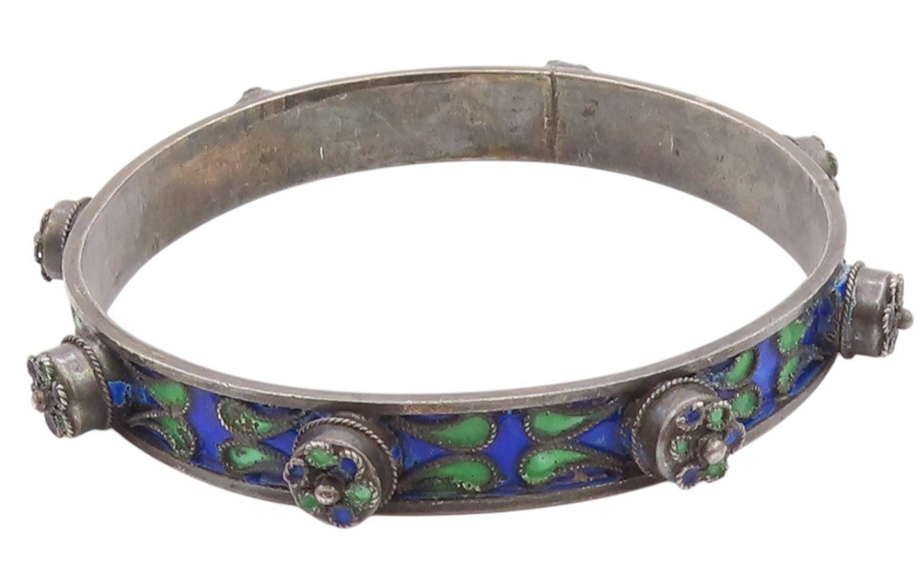 925 Sterling Silver Vintage Bracelet Antique Enameled CZ Flowers Bangle  BT11322