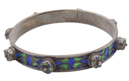 925 Sterling Silver Vintage Bracelet Antique Enameled CZ Flowers Bangle  BT11322