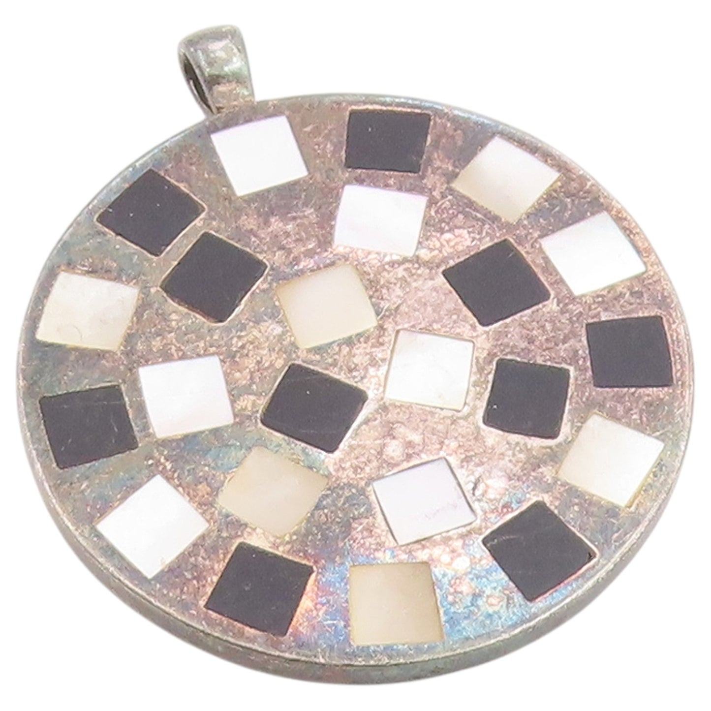 925 Sterling Silver Vintage Pendant Mother Of Pearl & Onyx Inlay Circle  PT26374