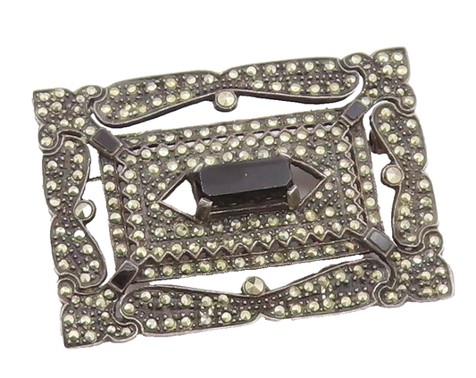 925 Sterling Silver Vintage Rectangle Black Onyx & Marcasite Brooch Pin BP9542