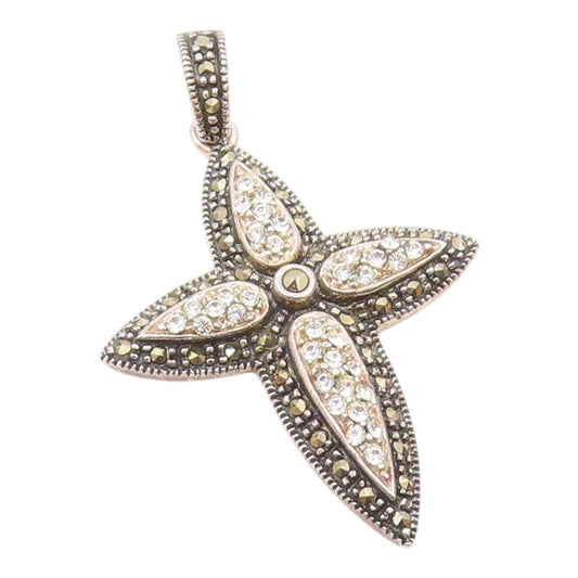 925 Sterling Silver  Vintage Cubic Zirconia & Marcasite Cross Pendant  PT15844
