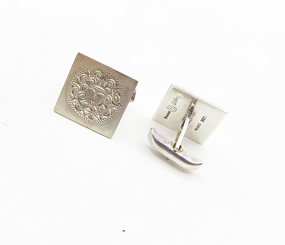 MEXICO 925 Sterling Silver  Vintage Mayan Aztec Sun Calendar Cuff Links TR1558