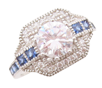 925 Sterling Silver Vintage Ring Designer CZ & Square Sapphire   Sz 7  RG30780