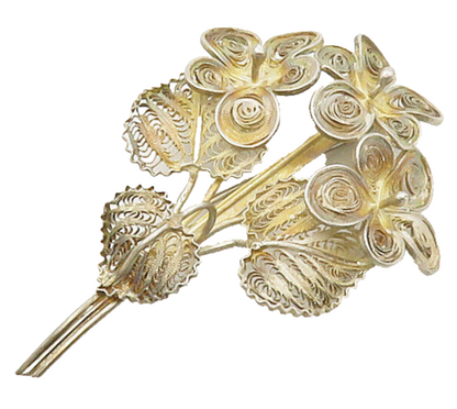 925 Sterling Silver  Vintage Antique Filigree Flower Bunch Brooch Pin  BP6088