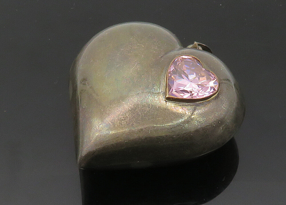 925 Silver  Vintage Pink Cubic Zirconia Heavy Love Heart Pendant  PT16478